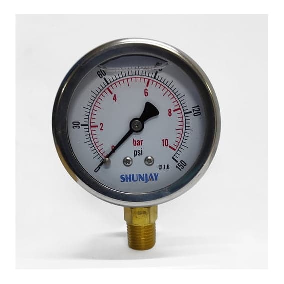 Imagen referencial de la serie: Manómetro SHUNJAY 115AL25N4P10BAR-150PSI · 10 bar (150 Psi), dial 2.5", acero inoxidable - bronce, con conex