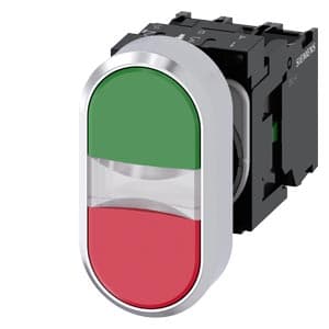 Pulsador doble luminoso metal SIEMENS 3SU1158-3AB42-1MA0 · Verde/Rojo Ø22mm 230VAC con LED blanco