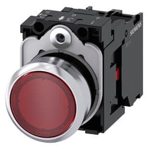 Imagen referencial de la serie: Pulsador luminoso rasante metal SIEMENS 3SU1156-0AB20-1CA0 · rojo Ø22mm 230VAC con LED 1NC, con soporte