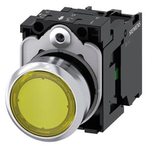 Imagen referencial de la serie: Pulsador luminoso rasante metal SIEMENS 3SU1153-0AB30-1BA0 · amarillo Ø22mm 110VAC con LED 1NA, con soporte