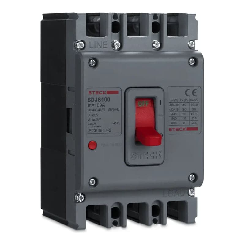 Interruptor de caja moldeada STECK SDJS100 · 3P fijo 100A 39kA 220VAC frame 100