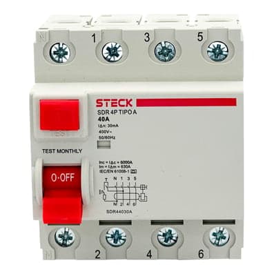 Interruptor diferencial STECK SDR44030A · 4P 40A 30mA 230V tipo A, Iec61008