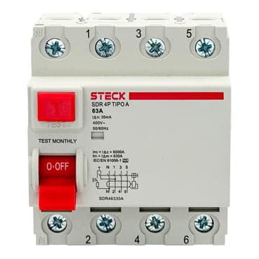 Interruptor diferencial STECK SDR46330A · 4P 63A 30mA 230V tipo A, Iec61008