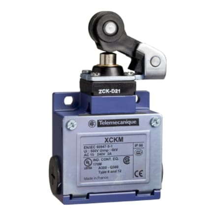 Interruptor fin carrera metal palanca con rold TELEMECANIQUE XCKM121 · 1NA+1NC osisense