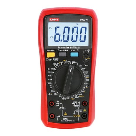 Multímetro automotriz con RPM UNI-T UT107+ · dwell, frecuencia, temperatura Y prueba de D