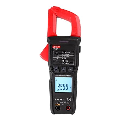 Pinza amperimétrica digital UNI-T UT202T · 600A AC, true RMS, medición de temperatura