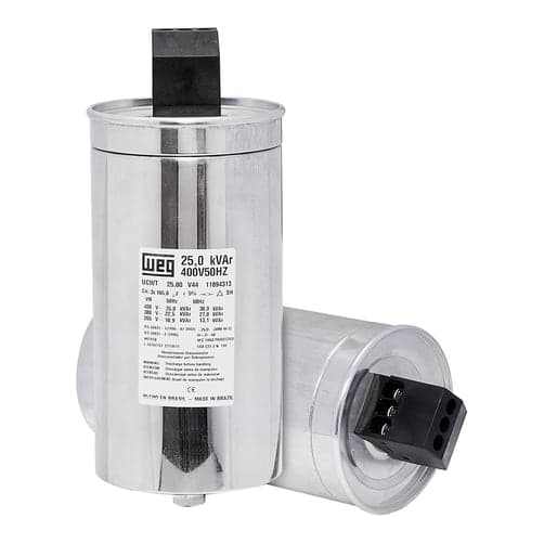 Imagen referencial de la serie: Condensador trifásico WEG UCWT17.5V49Q26HD · heavy duty 17.5kvar/440VAC 60Hz medidas 100mmX230mm