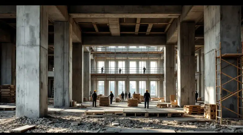 Visualización: edificio en construcción con columnas de concreto y andamios