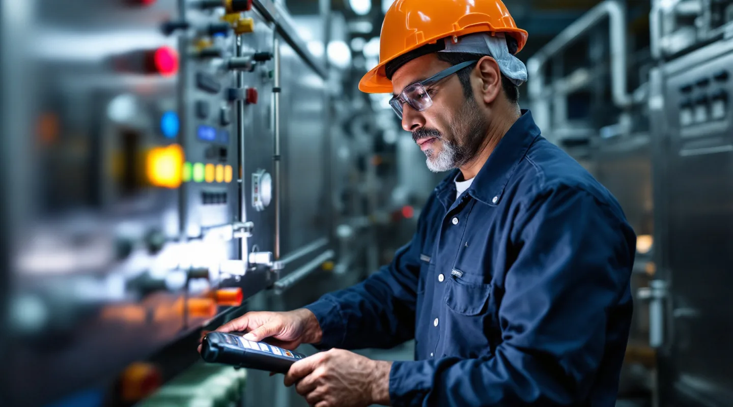 Visualización: electricista de mantenimiento revisando un tablero en el turno de noche