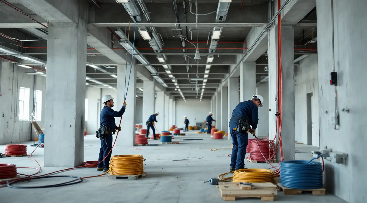 Visualización: electricistas pasando cables en un edificio en obra